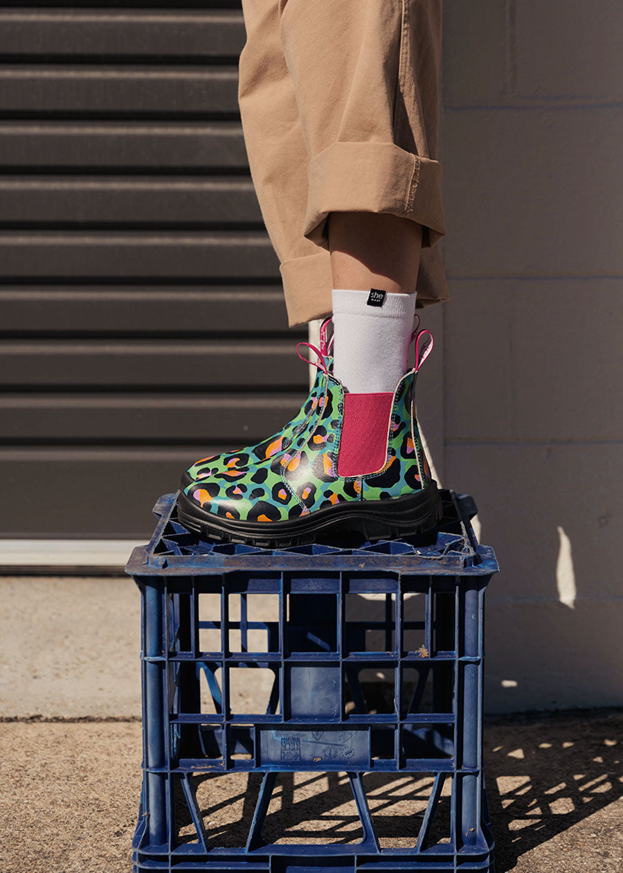 uplifts fashion boot in neon leopard print