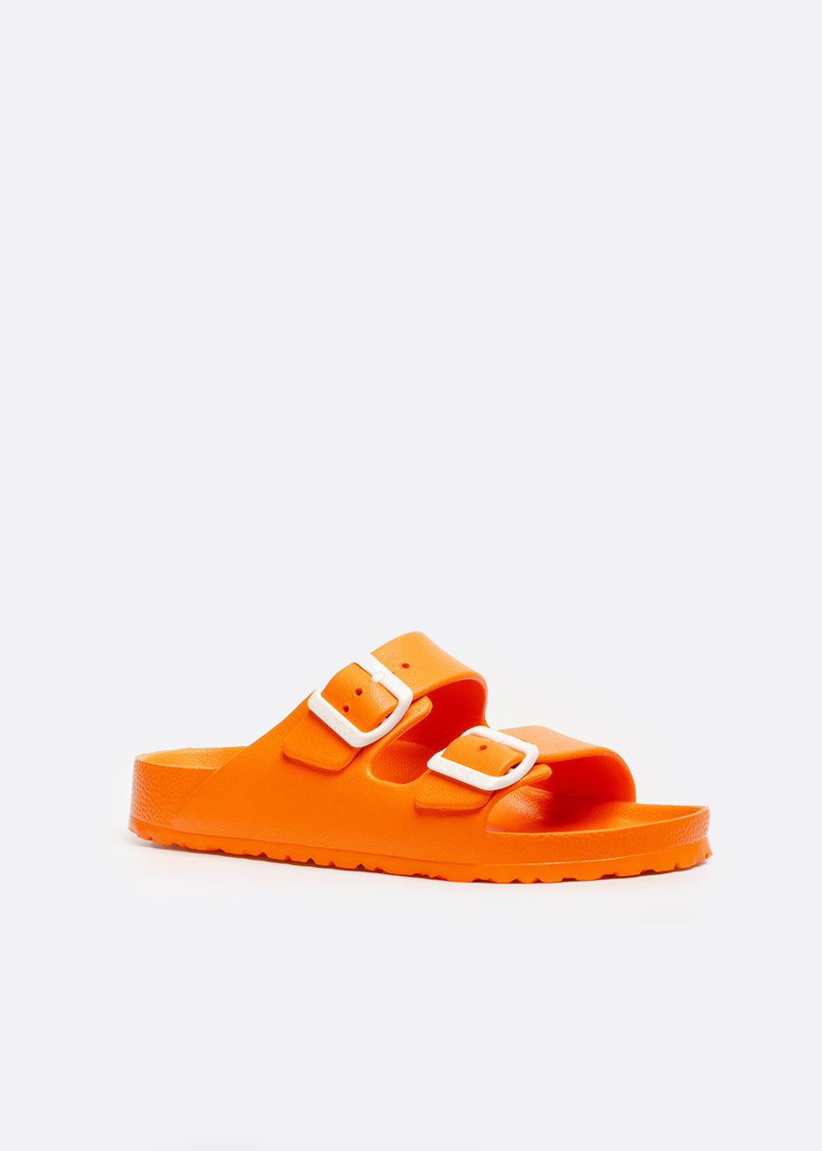 White buckles on adjustable orange shoe straps