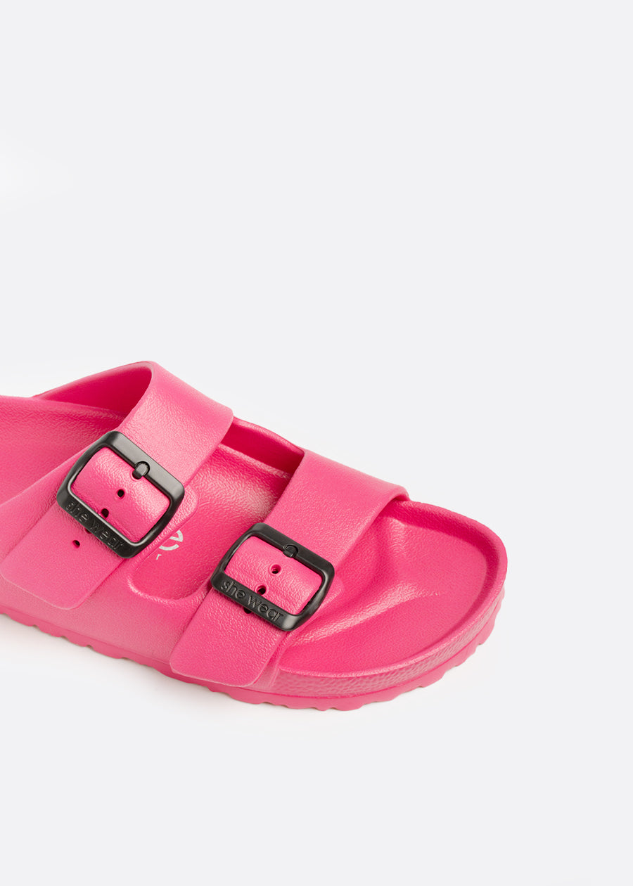 Hot pink sandal with black adjustable buckles