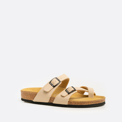 Tan cork leather slide with toe cross strap